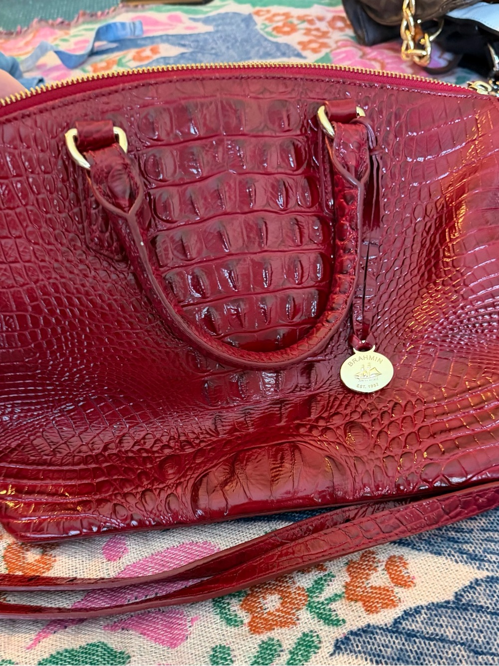 Brahmin Melbourne Croc Embossed Leather Satchel Red